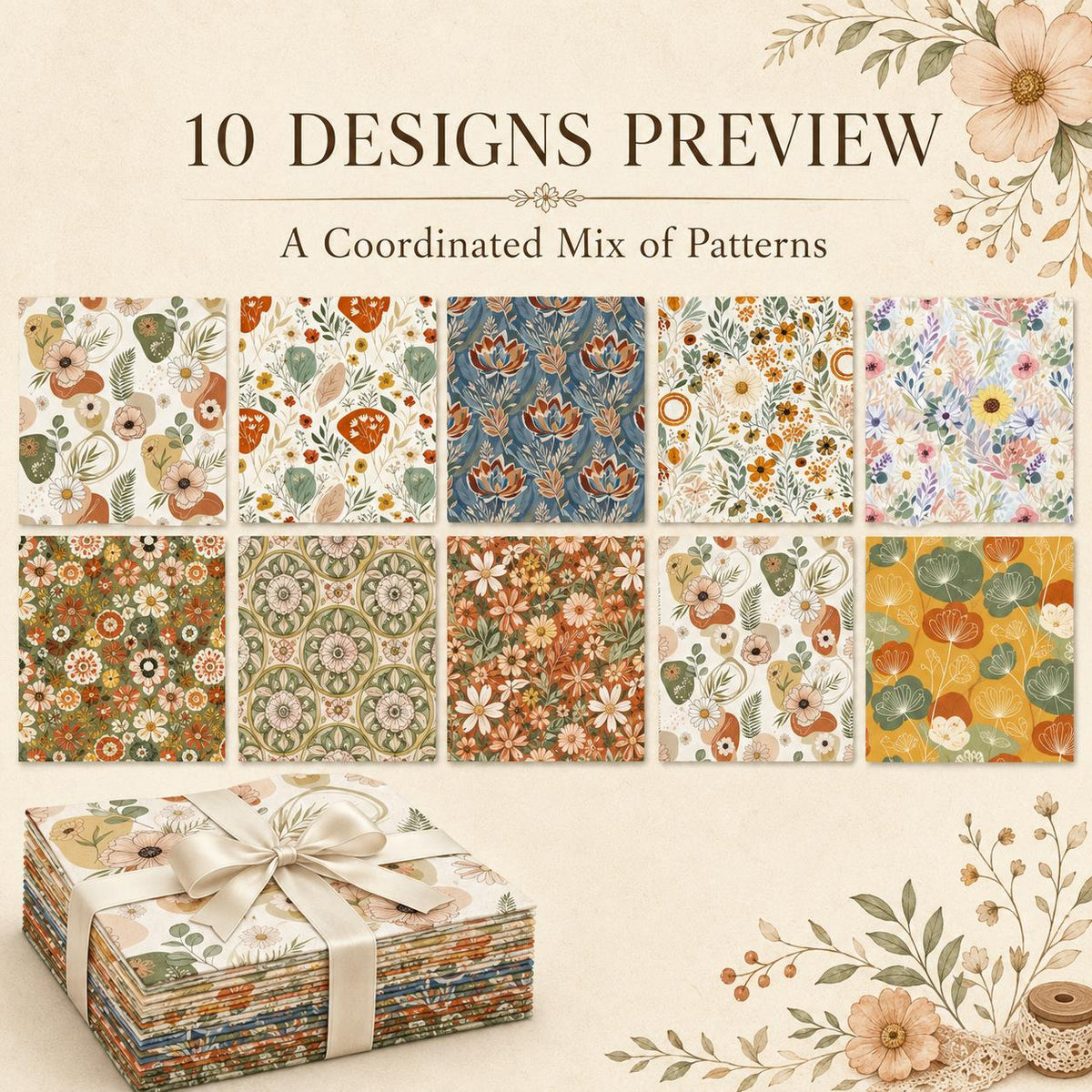 10pcs Charm Pack Set PaInt Splatter Floral Pattern 100% Polyester Patchwork in 10 Design Styles, Ready-To-Sew Without Cutting, Suitable For Patchwork Wallet Making Gift Giving Tote Bags Coasters DIY Craft Projects