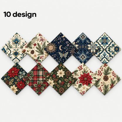 10Pc/Set Christmas Flower Series Plaid Tree Holly Pinecones Fat Quarter Fabric, Pre-Cut Square Fabric Assort, Fabric Set, Craft Fabric, Handmade DIY Patchwork Fabric,Home Quilting Sewing Fabric, Packaging Fabric, Scrapbooking Craft Hobbyist
