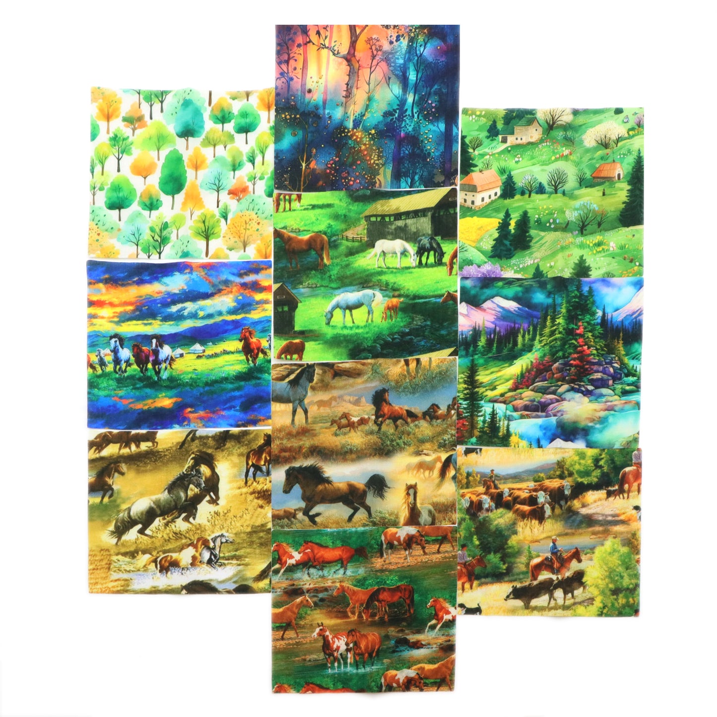 10Pc/Set Horse Series Mountain Tree Fat Quarter Fabric, Pre-Cut Square Fabric Assort, Fabric Set, Craft Fabric, Handmade DIY Patchwork Fabric,Home Quilting Sewing Fabric, Packaging Fabric, Scrapbooking Craft Hobbyist