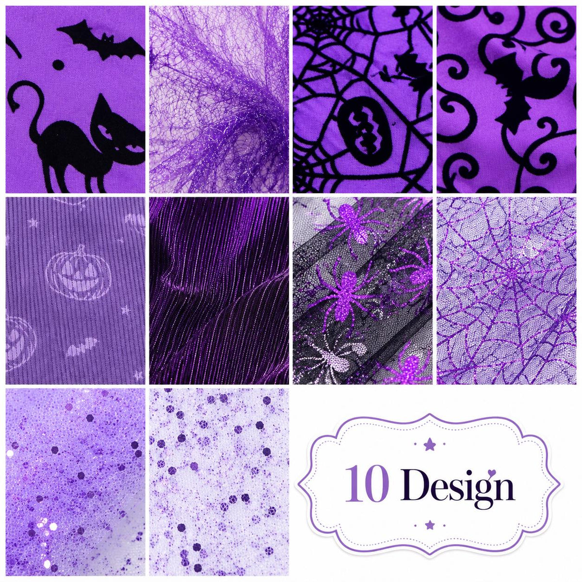 10pcs/Set, Making 10 Images 1pc Each, Each Size: 2.48*19.69inch Pumpkin Spider Plain Purple Halloween Pattern Sliced Fabric Set Style Combination, Polyester Jelly Roll Fabric Strips, Pre-Cut Quilting Squares, for Quilting DIY, Handicrafts And Sewing, Blan
