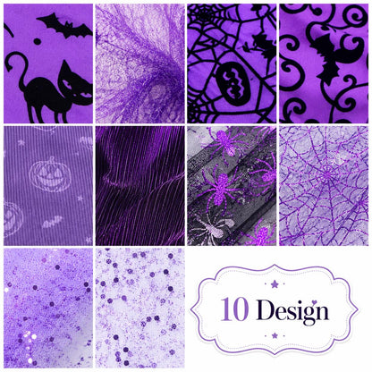 10pcs/Set, Making 10 Images 1pc Each, Each Size: 2.48*19.69inch Pumpkin Spider Plain Purple Halloween Pattern Sliced Fabric Set Style Combination, Polyester Jelly Roll Fabric Strips, Pre-Cut Quilting Squares, for Quilting DIY, Handicrafts And Sewing, Blan