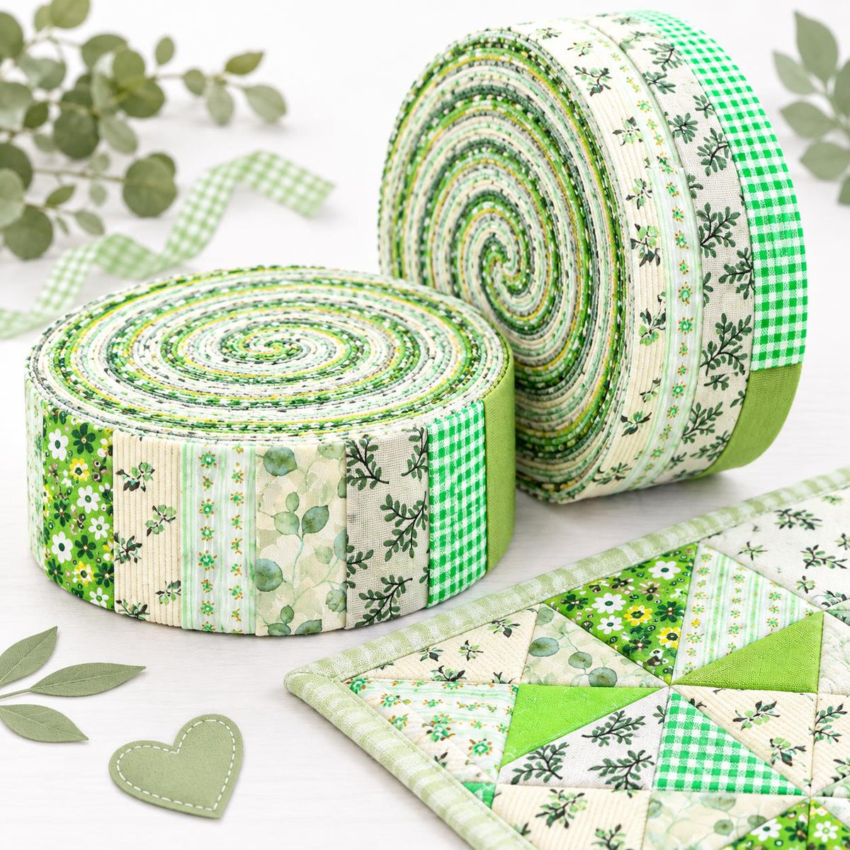 10pcs Vintage Green Flower Jelly Roll Fabric Strips 2.5X19.7inch Pre-cut 100% Polyester for Patchwork Quilts, Table Runners, Placemats, Tote Bags, Storage Pouches, Makeup Bags, Coasters, Quilt Blocks & Binding