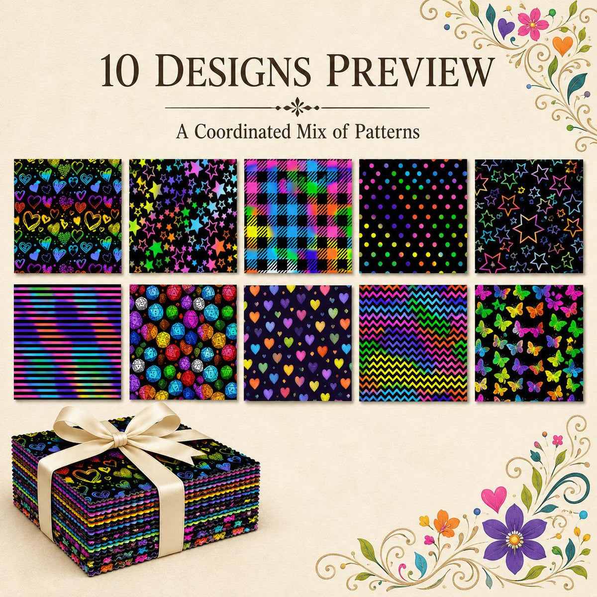 10Pc/Set Black SerieS Stripe Butterfly Dot Plaid Star Valentine's Day Fat Quarter Fabric, Pre-Cut Square Fabric Assort, Fabric Set, Craft Fabric, Handmade DIY Patchwork Fabric,Home Quilting Sewing Fabric, Packaging Fabric, Scrapbooking Craft Hobbyist