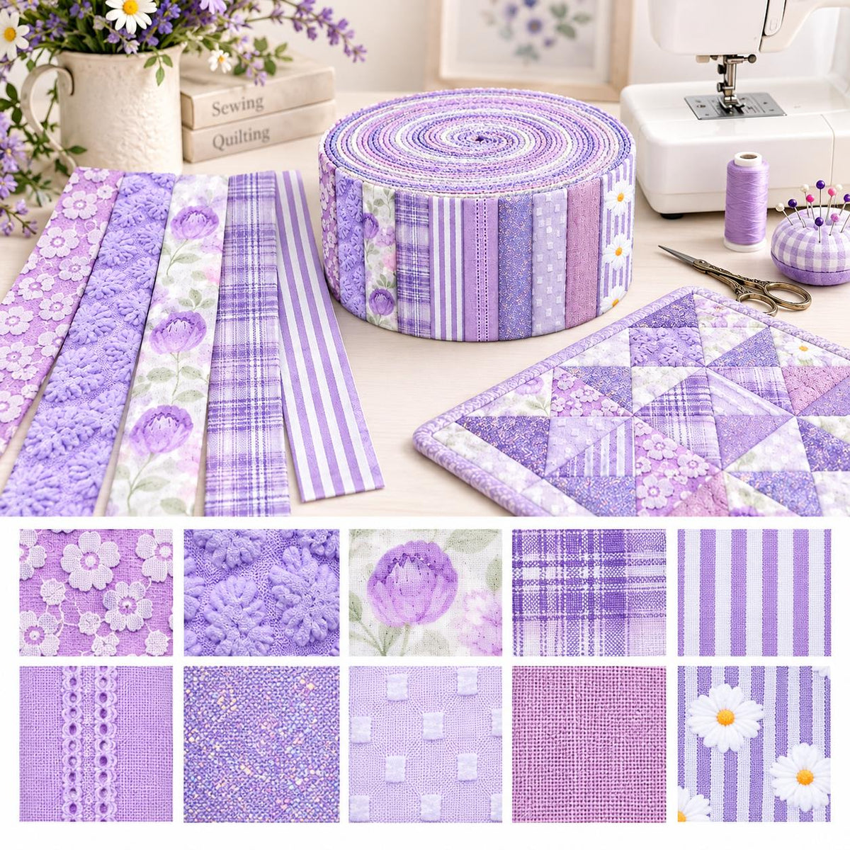 10pcs Vintage Floral Plaid Purple Pattern Jelly Roll Fabric Strips 2.5X19.7inch Pre-cut 100% Polyester for Patchwork Quilts, Table Runners, Placemats, Tote Bags, Storage Pouches, Makeup Bags, Coasters, Quilt Blocks & Binding Multi-color
