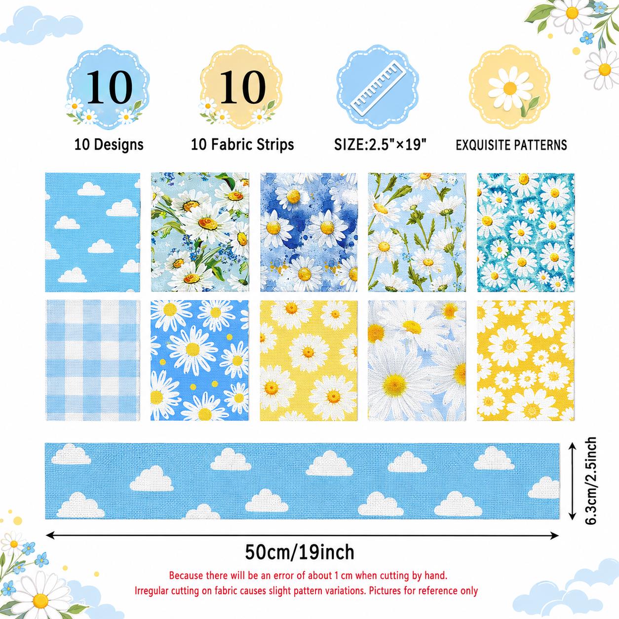 10Pc/Set, Making 10 Images 1pc Each, Each Size: 6.3*50cm Floral Daisy Blue Series Sliced Fabric Set Style Combination, Polyester Jelly Roll Fabric Strips, Pre-Cut Quilting Squares, For Quilting DIY, Handicrafts And Sewing, Blankets, Rugs