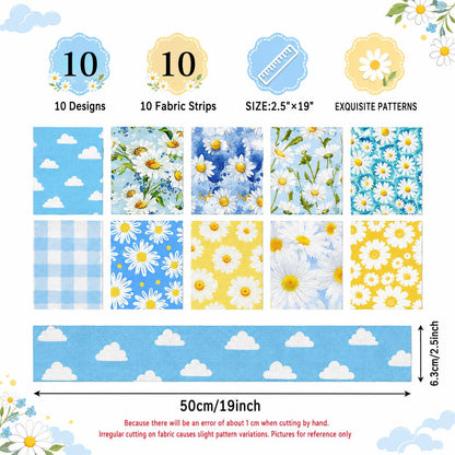 10Pc/Set, Making 10 Images 1pc Each, Each Size: 6.3*50cm Floral Daisy Blue Series Sliced Fabric Set Style Combination, Polyester Jelly Roll Fabric Strips, Pre-Cut Quilting Squares, For Quilting DIY, Handicrafts And Sewing, Blankets, Rugs