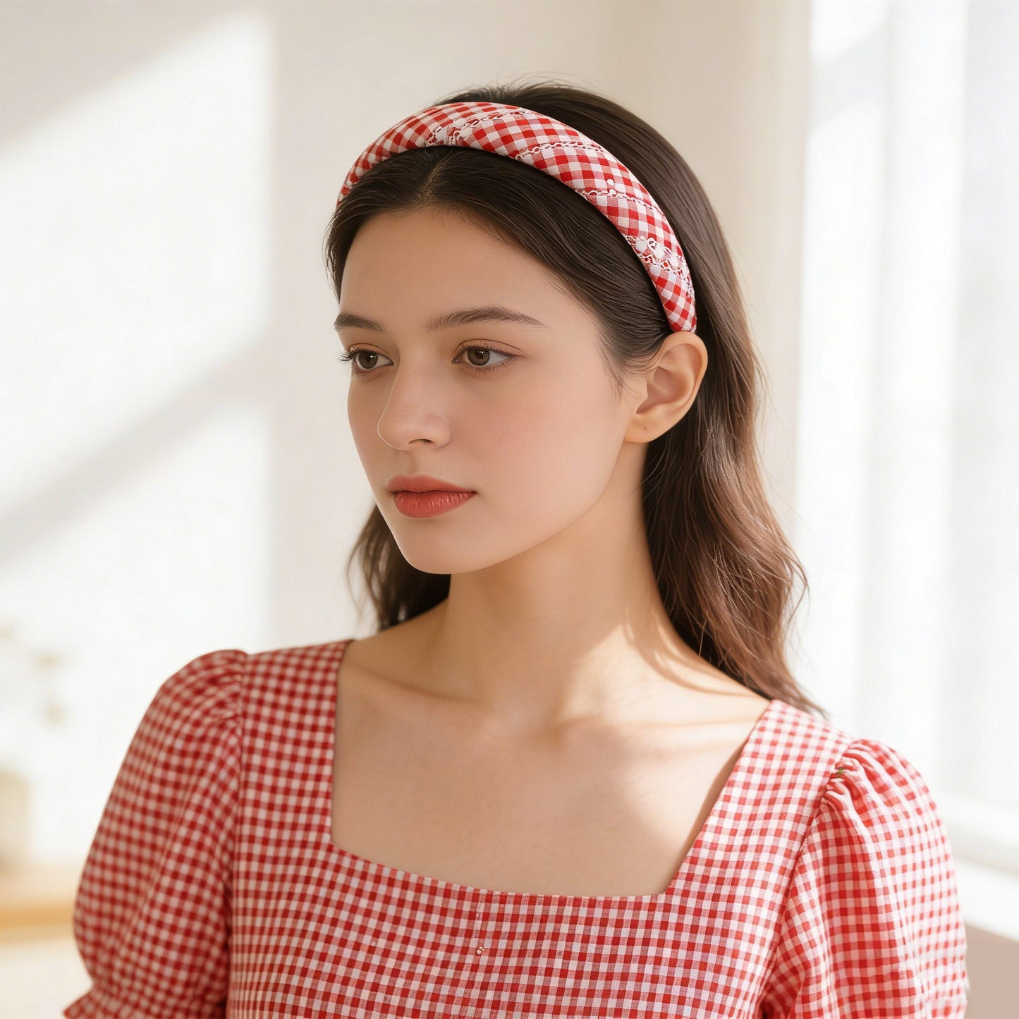 Red White Plaid Sponge Headband