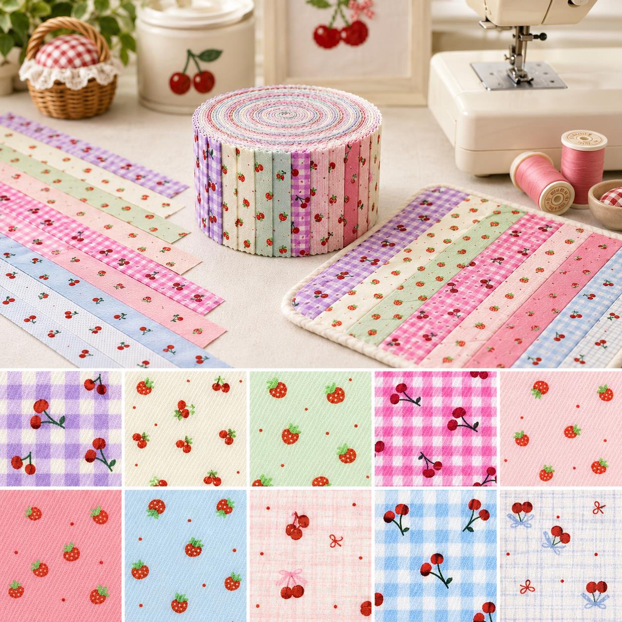 10Pc/Set, Making 10 Images 1pc Each, Each Size: 6.3*50cm Cherry Strawberry Fruit Series Sliced Fabric Set Style Combination, Polyester Jelly Roll Fabric Strips, Pre-Cut Quilting Squares, For Quilting DIY, Handicrafts And Sewing, Blankets, Rugs