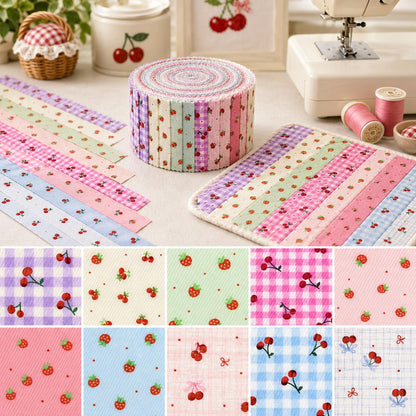 10Pc/Set, Making 10 Images 1pc Each, Each Size: 6.3*50cm Cherry Strawberry Fruit Series Sliced Fabric Set Style Combination, Polyester Jelly Roll Fabric Strips, Pre-Cut Quilting Squares, For Quilting DIY, Handicrafts And Sewing, Blankets, Rugs