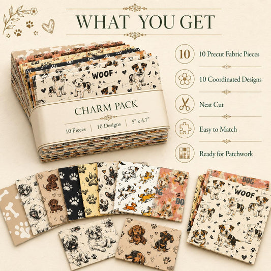 10pcs Charm Pack Set Dog Paw Pattern Vintage Style Handmade DIY with Rich Color and Texture Elements 100% Polyester Patchwork in 10 Design Styles Suitable for Patchwork DIY Craft Projects DIY Wallet Making Gift Giving Bag Making Mother's Day Gift