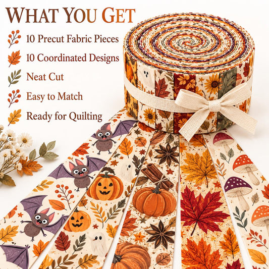 10pcs Vintage Pumpkin Ghost Maple Leaf Autumn Halloween Theme Jelly Roll Fabric Strips 2.5X19.7inch Pre-Cut 100% Polyester For Patchwork Quilts, Table Runners, Placemats, Tote Bags, Storage Pouches, Makeup Bags, Coasters, Quilt Blocks & Binding