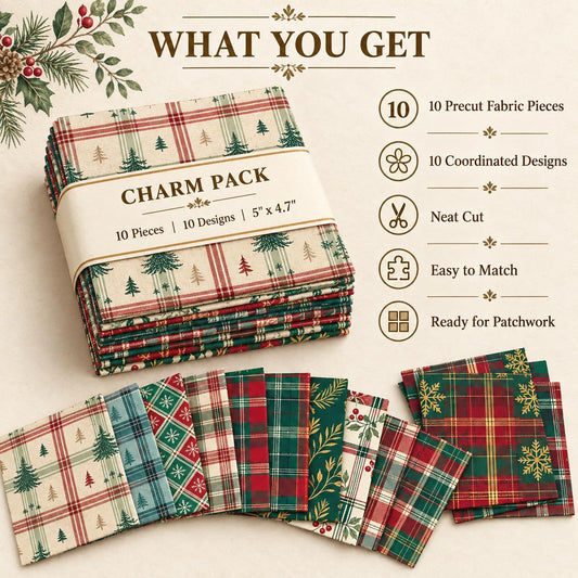 10Pc/Set Christmas Series Plaid Tree Rhombus Fat Quarter Fabric, Pre-Cut Square Fabric Assort, Fabric Set, Craft Fabric, Handmade DIY Patchwork Fabric,Home Quilting Sewing Fabric, Packaging Fabric, Scrapbooking Craft Hobbyist