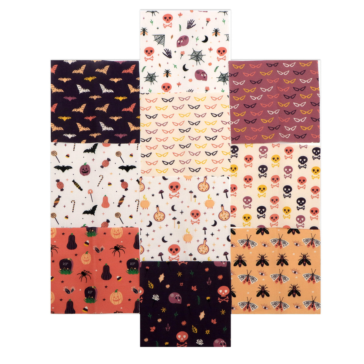 10pcs Charm Pack Set Bat Skull Spider Halloween Pattern Vintage Style Handmade DIY with Rich Color and Texture Elements 100% Polyester Patchwork in 10 Design Styles Suitable for Patchwork DIY Craft Projects DIY Wallet Making Gift Giving Bag Making Mother'