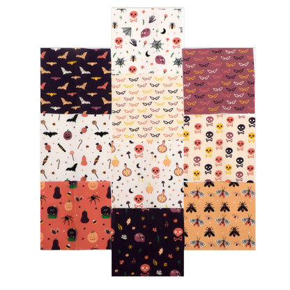10pcs Charm Pack Set Bat Skull Spider Halloween Pattern Vintage Style Handmade DIY with Rich Color and Texture Elements 100% Polyester Patchwork in 10 Design Styles Suitable for Patchwork DIY Craft Projects DIY Wallet Making Gift Giving Bag Making Mother'