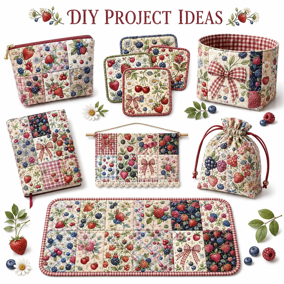 10Pc/Set Fruit Series Bows Butterfly Flower Plaid Strawberry Daisy Blueberry Fat Quarter Fabric, Pre-Cut Square Fabric Assort, Fabric Set, Craft Fabric, Handmade DIY Patchwork Fabric,Home Quilting Sewing Fabric, Packaging Fabric, Scrapbooking Craft Hobbyi