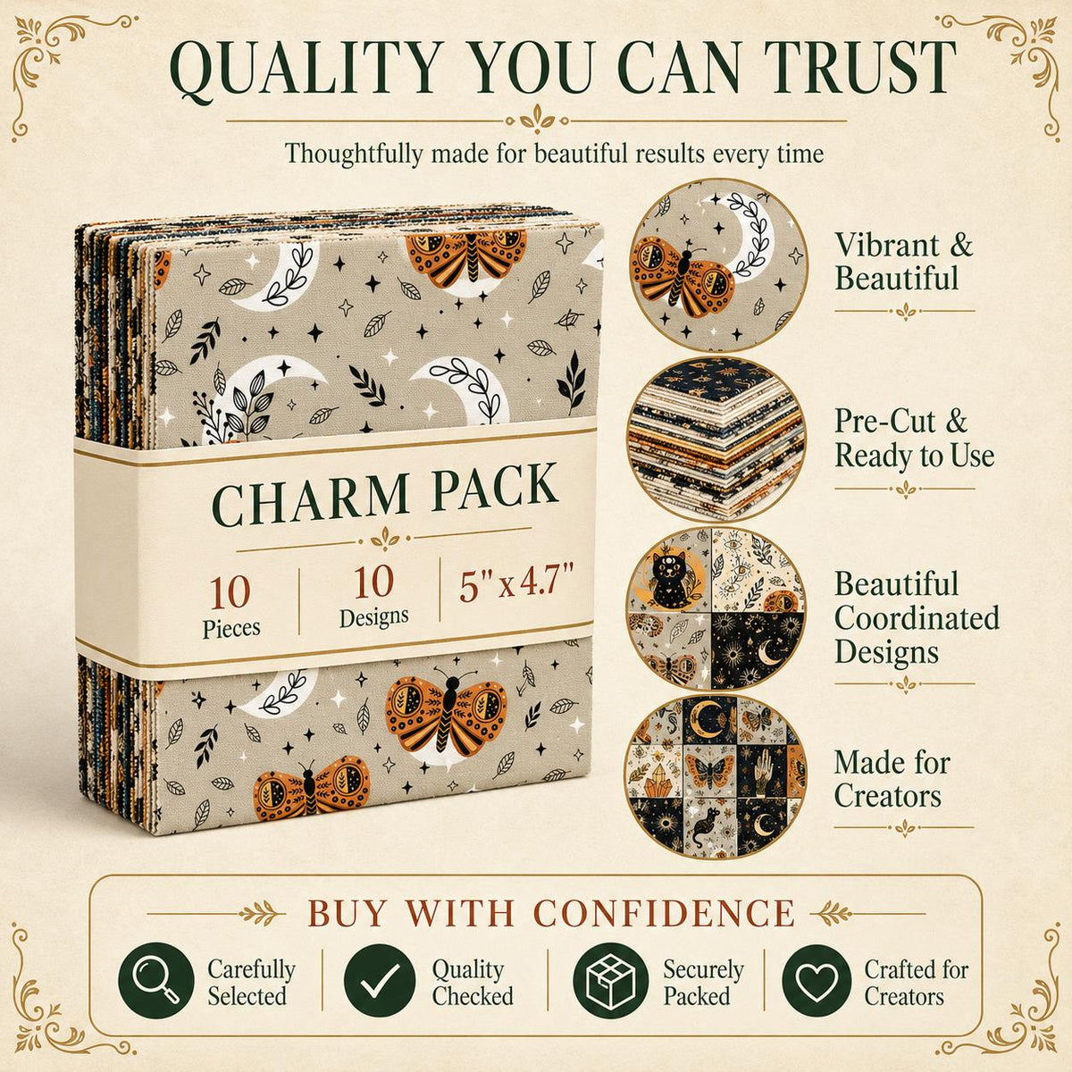 10pcs Charm Pack Set Cat Hand Skull Vintage Style Pattern Handmade DIY with Rich Color and Texture Elements 100% Polyester Patchwork in 10 Design Styles Suitable for Patchwork DIY Craft Projects DIY Wallet Making Gift Giving Bag Making Mother's Day Gift