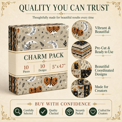 10pcs Charm Pack Set Cat Hand Skull Vintage Style Pattern Handmade DIY with Rich Color and Texture Elements 100% Polyester Patchwork in 10 Design Styles Suitable for Patchwork DIY Craft Projects DIY Wallet Making Gift Giving Bag Making Mother's Day Gift