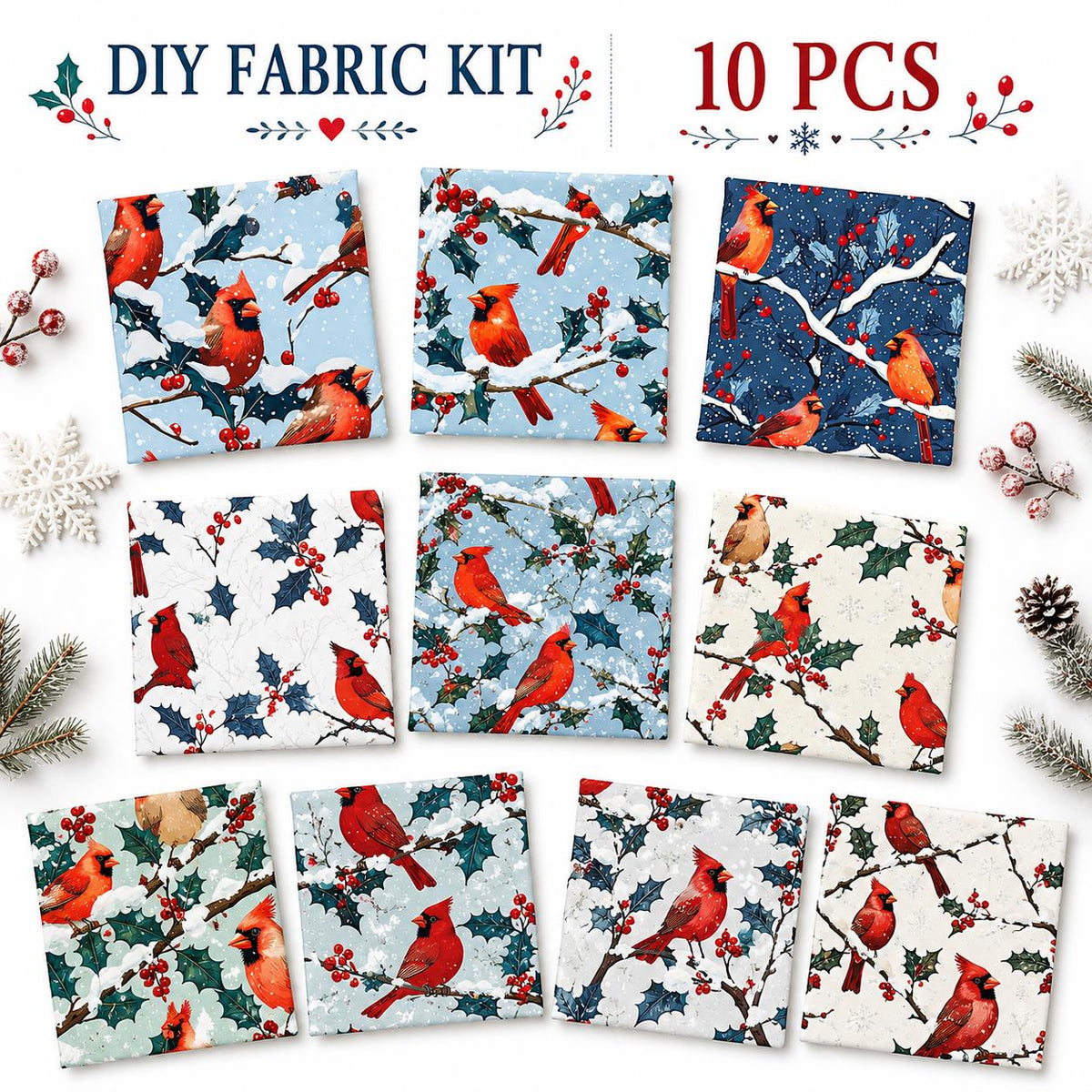 10Pc/Set Christmas Series Northern Cardinal Holly Fat Quarter Fabric, Pre-Cut Square Fabric Assort, Fabric Set, Craft Fabric, Handmade DIY Patchwork Fabric,Home Quilting Sewing Fabric, Packaging Fabric, Scrapbooking Craft Hobbyist
