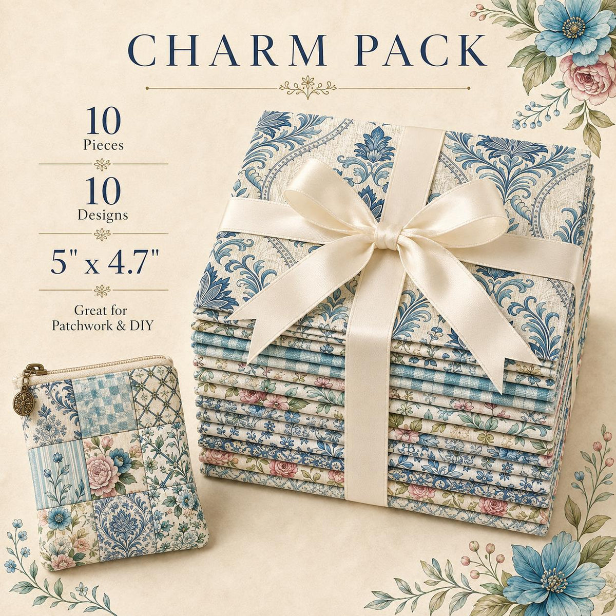 10pcs Charm Pack Set Floral Pattern Vintage Style Handmade DIY with Rich Color and Texture Elements 100% Polyester Patchwork in 10 Design Styles Suitable for Patchwork DIY Craft Projects DIY Wallet Making Gift Giving Bag Making Mother's Day Gift