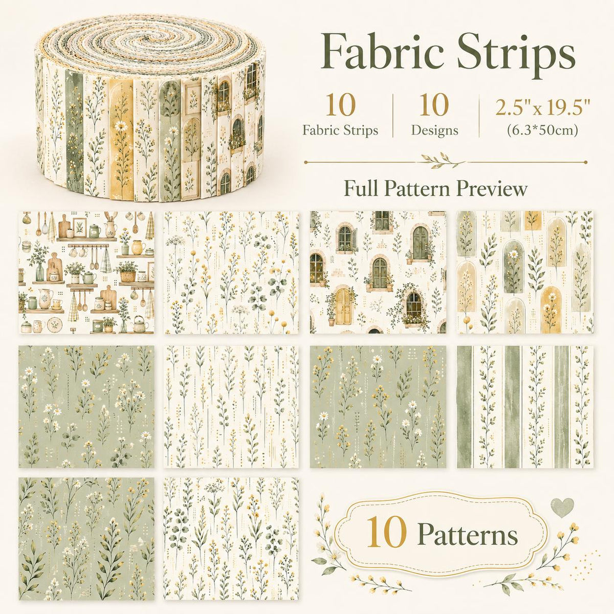10pcs Vintage Floral Plant Pattern Jelly Roll Fabric Strips 2.5X19.7inch Pre-Cut 100% Polyester For Patchwork Quilts, Table Runners, Placemats, Tote Bags, Storage Pouches, Makeup Bags, Coasters, Quilt Blocks & Binding