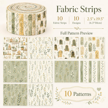10pcs Vintage Floral Plant Pattern Jelly Roll Fabric Strips 2.5X19.7inch Pre-Cut 100% Polyester For Patchwork Quilts, Table Runners, Placemats, Tote Bags, Storage Pouches, Makeup Bags, Coasters, Quilt Blocks & Binding