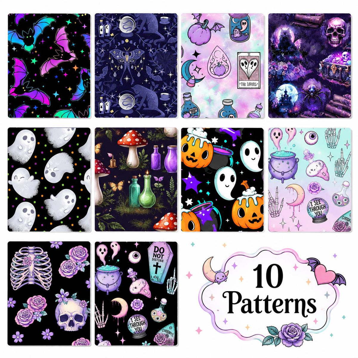 10Pc/Set, Making 10 Images 1pc Each, Each Size: 6.3*50cm Black Candy Skull Pumpkin Bat Ghost Halloween Series Sliced Fabric Set Style Combination, Polyester Jelly Roll Fabric Strips, Pre-Cut Quilting Squares, For Quilting DIY, Handicrafts And Sewing, Blan