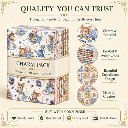10pcs Charm Pack Set Mouse Mushroom Vintage Style Pattern Handmade DIY with Rich Color and Texture Elements 100% Polyester Patchwork in 10 Design Styles Suitable for Patchwork DIY Craft Projects DIY Wallet Making Gift Giving Bag Making Mother's Day Gift