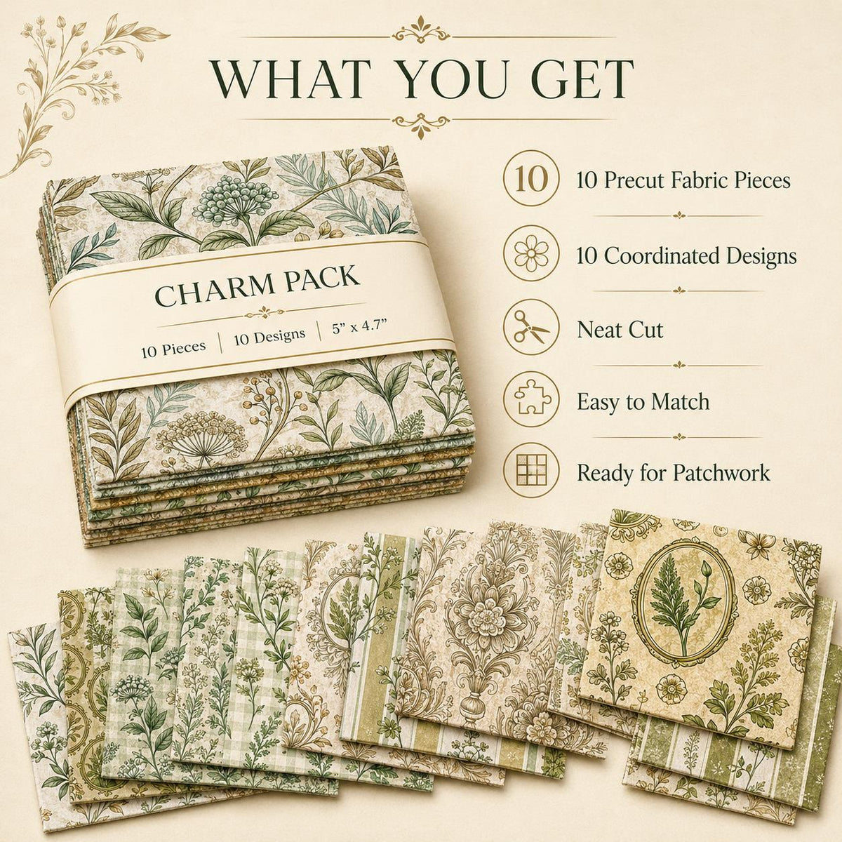 10pcs Charm Pack Set Green Floral Pattern 100% Polyester Patchwork in 10 Design Styles, Ready-to-Sew Without Cutting, Suitable For Patchwork Wallet Making Gift Giving Tote Bags Coasters DIY Craft Projects For Mother's Gift