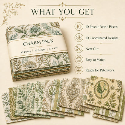 10pcs Charm Pack Set Green Floral Pattern 100% Polyester Patchwork in 10 Design Styles, Ready-to-Sew Without Cutting, Suitable For Patchwork Wallet Making Gift Giving Tote Bags Coasters DIY Craft Projects For Mother's Gift