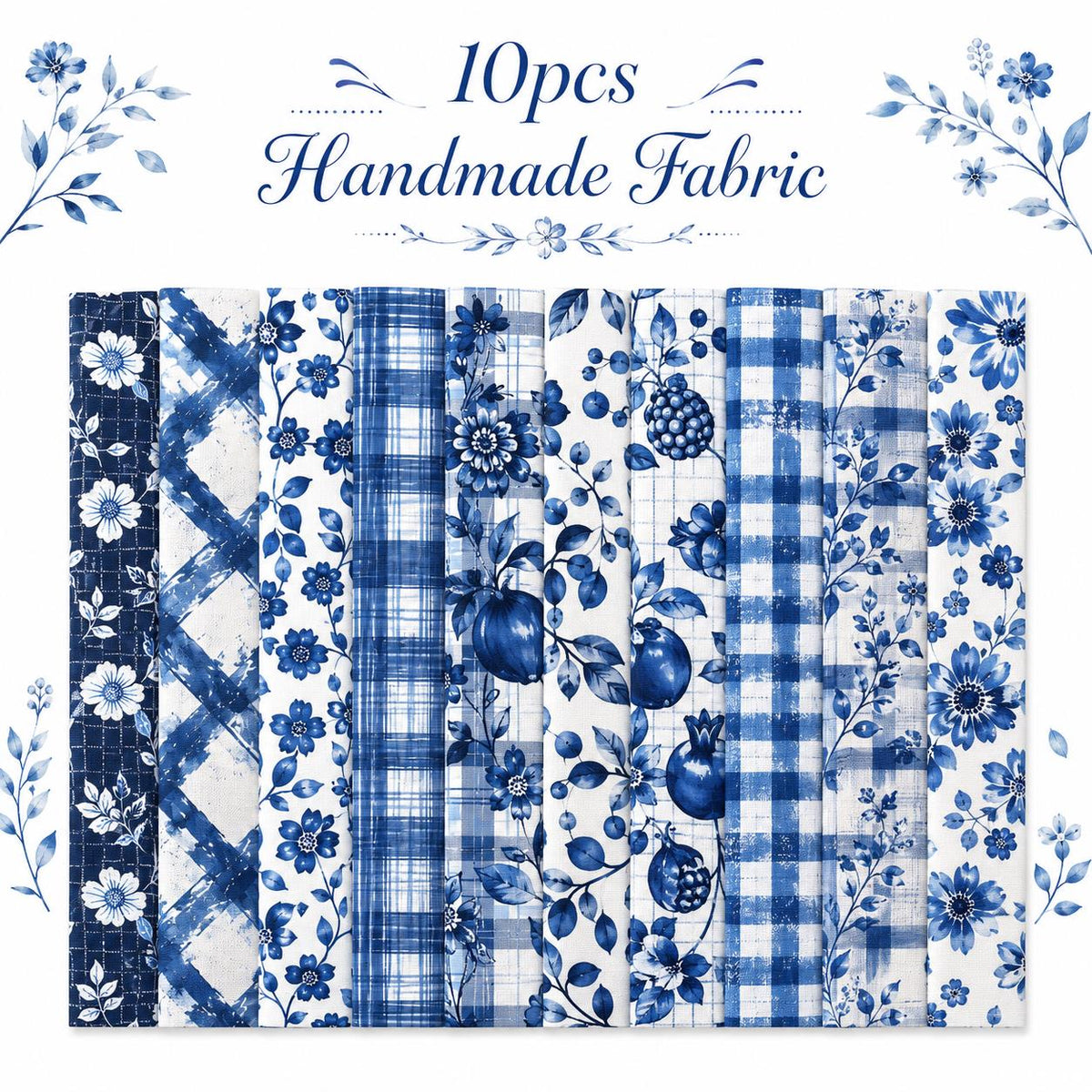 10pcs Vintage Floral Plaid Blue Pattern Jelly Roll Fabric Strips 2.5X19.7inch Pre-cut 100% Polyester for Patchwork Quilts, Table Runners, Placemats, Tote Bags, Storage Pouches, Makeup Bags, Coasters, Quilt Blocks & Binding Multi-color