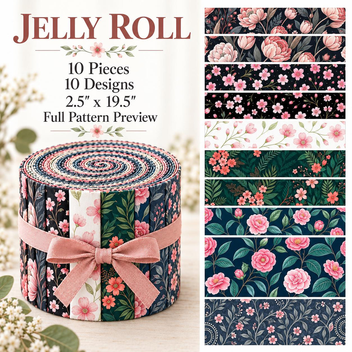10pcs Vintage Floral Pattern Jelly Roll Fabric Strips 2.5X19.7inch Pre-Cut 100% Polyester For Patchwork Quilts, Table Runners, Placemats, Tote Bags, Storage Pouches, Makeup Bags, Coasters, Quilt Blocks & Binding