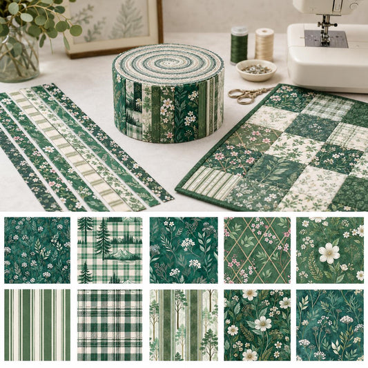 10pcs Vintage Plaid Floral Green Theme Jelly Roll Fabric Strips 2.5X19.7inch Pre-Cut 100% Polyester For Patchwork Quilts, Table Runners, Placemats, Tote Bags, Storage Pouches, Makeup Bags, Coasters, Quilt Blocks & Binding