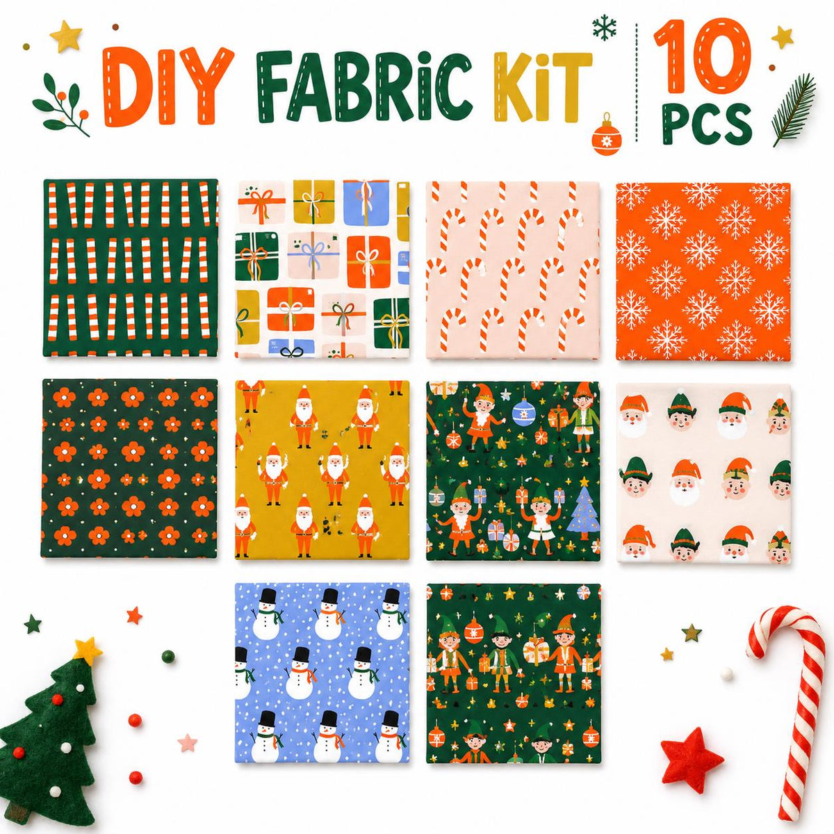 10pcs Charm Pack Set Christmas Santa Pattern Vintage Style Handmade DIY with Rich Color and Texture Elements 100% Polyester Patchwork in 10 Design Styles Suitable for Patchwork DIY Craft Projects DIY Wallet Making Gift Giving Bag Making Mother's Day Gift
