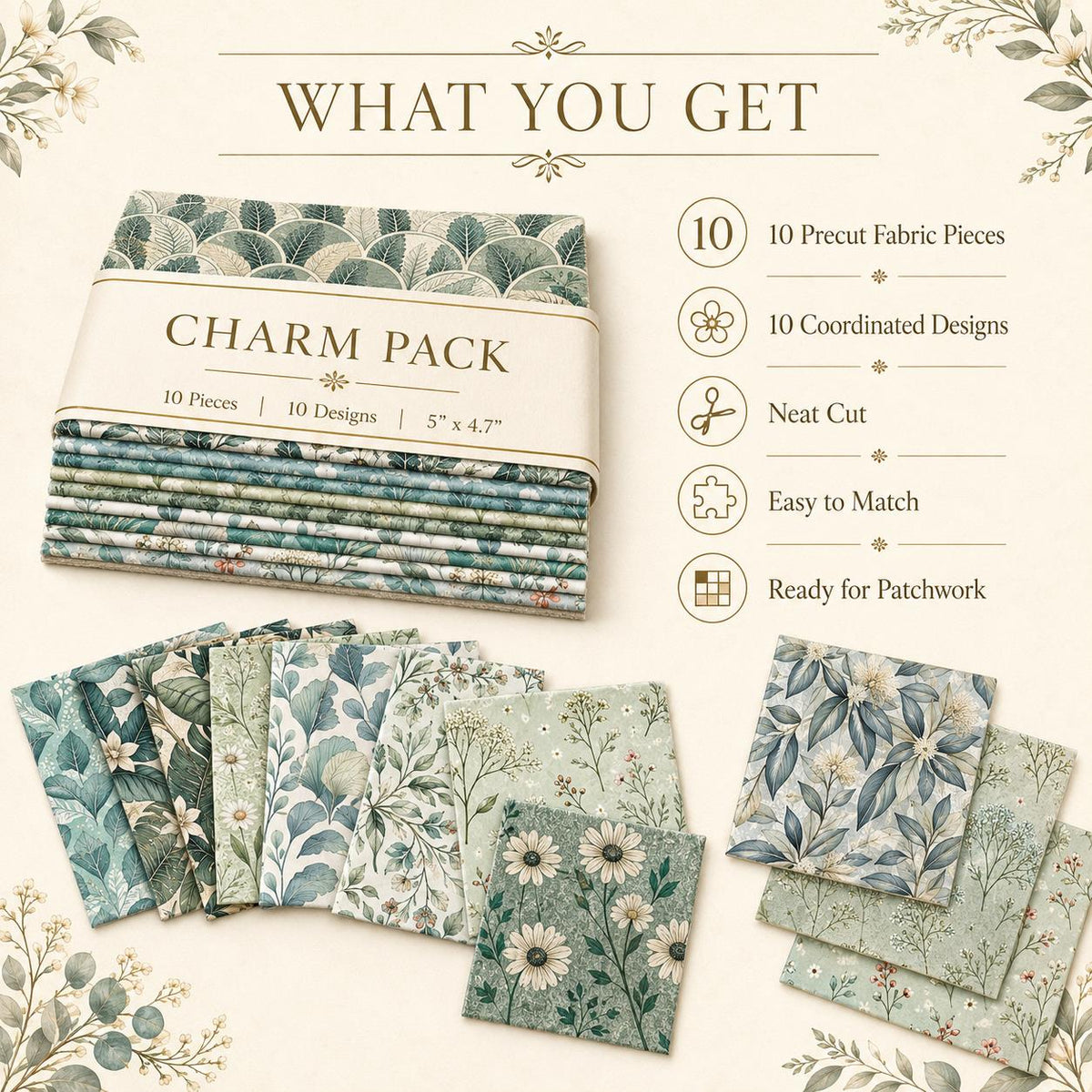 10pcs Charm Pack Set Leaf Pattern Vintage Style Handmade DIY with Rich Color and Texture Elements 100% Polyester Patchwork in 10 Design Styles Suitable for Patchwork DIY Craft Projects DIY Wallet Making Gift Giving Bag Making Mother's Day Gift