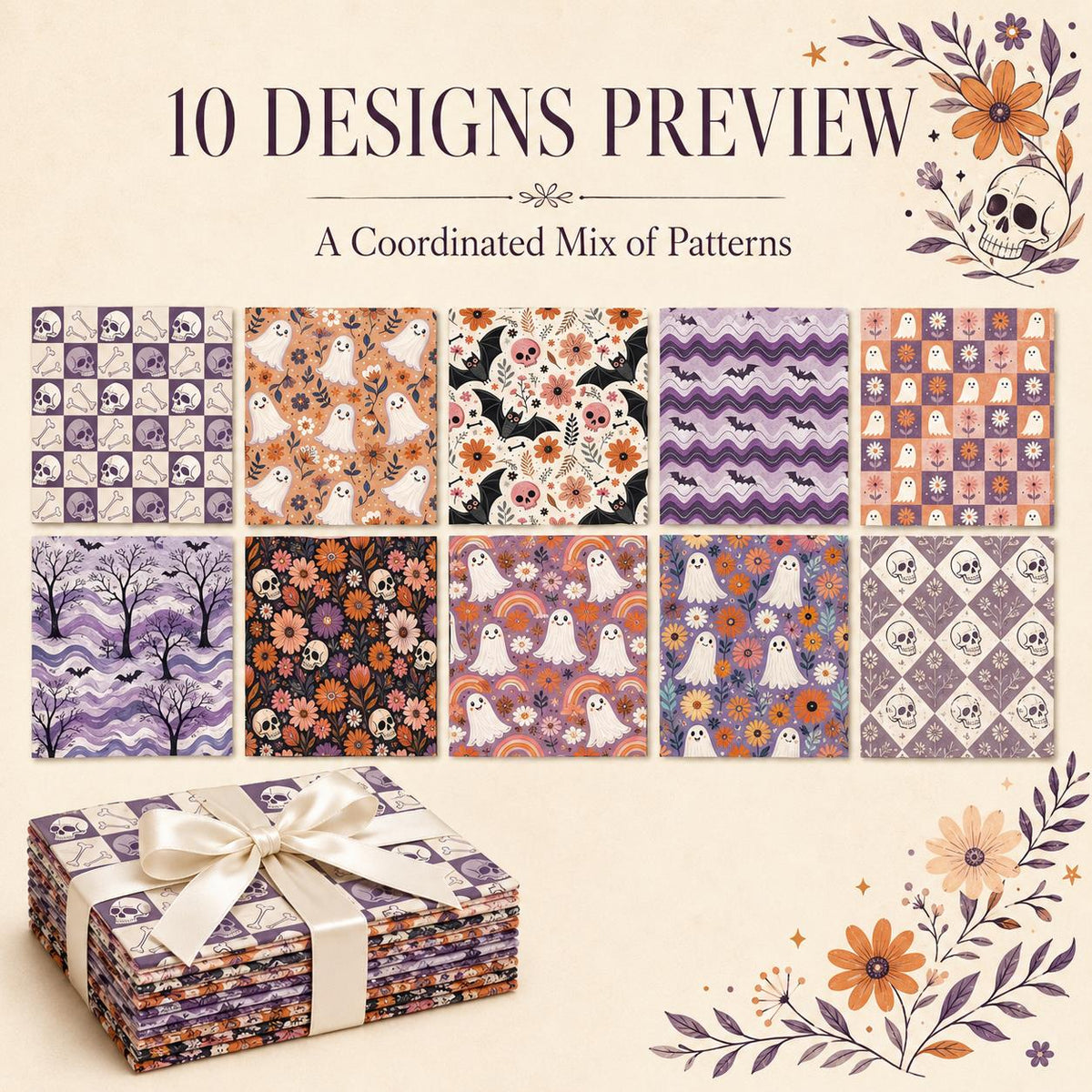 10Pc/Set Halloween Series Plaid Skull Flower Bones Bat Fat Quarter Fabric, Pre-Cut Square Fabric Assort, Fabric Set, Craft Fabric, Handmade DIY Patchwork Fabric,Home Quilting Sewing Fabric, Packaging Fabric, Scrapbooking Craft Hobbyist