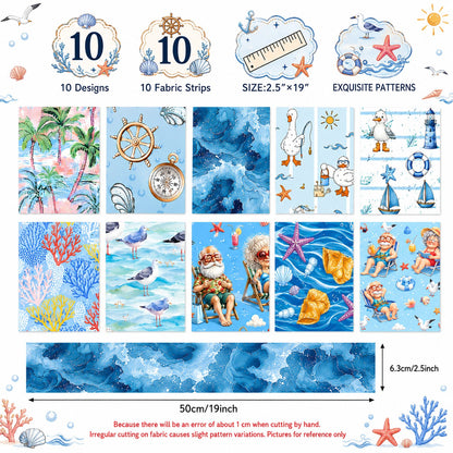 10Pc/Set, Making 10 Images 1pc Each, Each Size: 6.3*50cm Grandma Beach Ocean Series Sliced Fabric Set Style Combination, Polyester Jelly Roll Fabric Strips, Pre-Cut Quilting Squares, For Quilting DIY, Handicrafts And Sewing, Blankets, Rugs