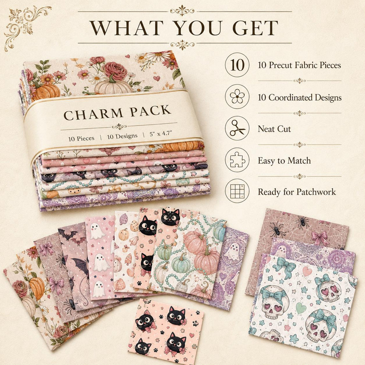 10pcs Charm Pack Set  Bat Ghost Halloween Vintage Style Pattern Handmade DIY with Rich Color and Texture Elements 100% Polyester Patchwork in 10 Design Styles Suitable for Patchwork DIY Craft Projects DIY Wallet Making Gift Giving Bag Making