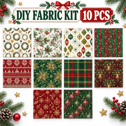 10Pc/Set Christmas Series Stripe Bowknot Wreath Flower Star Plaid Holly Pinecones Fat Quarter Fabric, Pre-Cut Square Fabric Assort, Fabric Set, Craft Fabric, Handmade DIY Patchwork Fabric,Home Quilting Sewing Fabric, Packaging Fabric, Scrapbooking Craft H