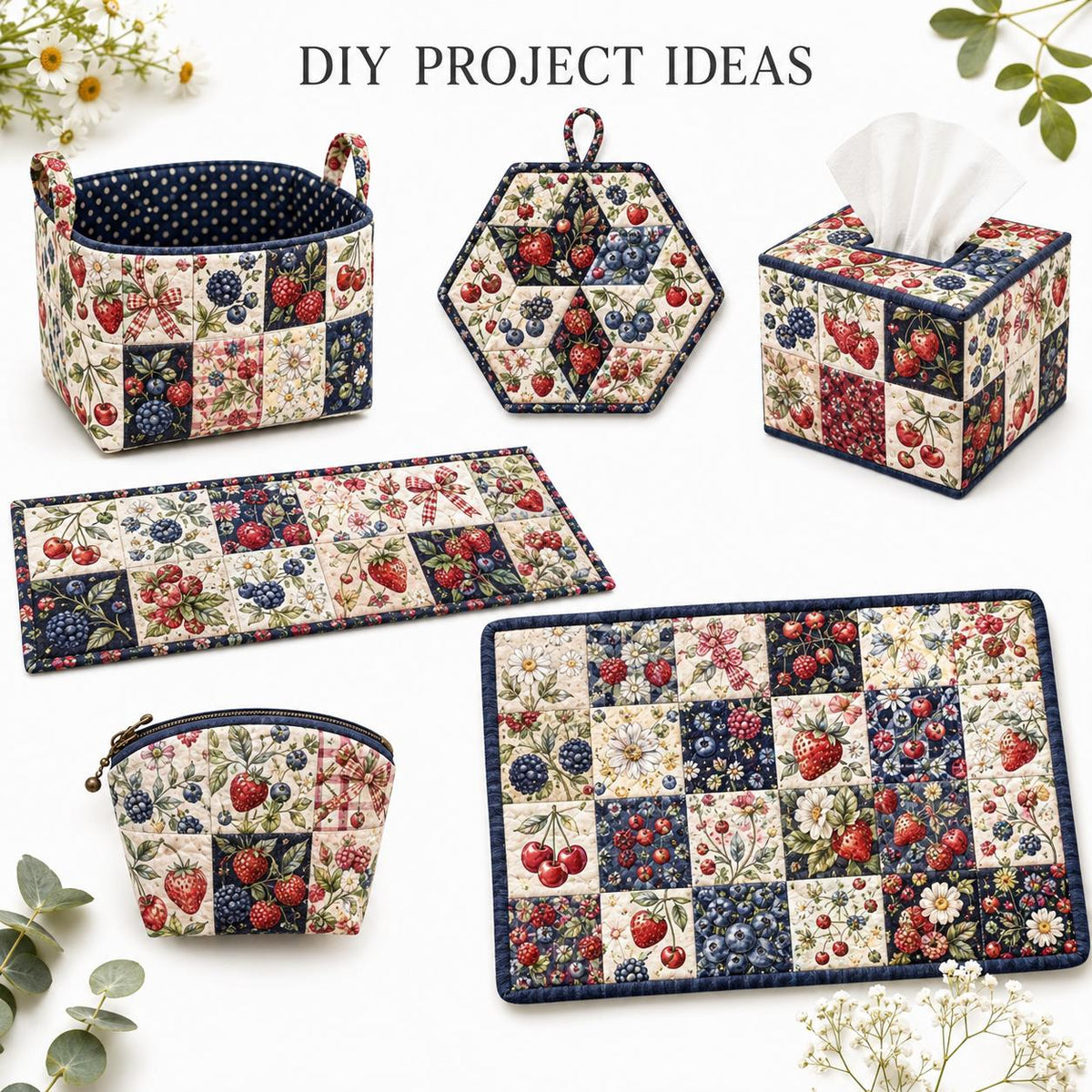 10Pc/Set Fruit Series Bows Butterfly Flower Plaid Strawberry Daisy Blueberry Fat Quarter Fabric, Pre-Cut Square Fabric Assort, Fabric Set, Craft Fabric, Handmade DIY Patchwork Fabric,Home Quilting Sewing Fabric, Packaging Fabric, Scrapbooking Craft Hobbyi