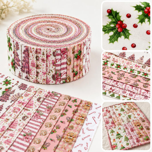 10pcs Vintage Holly Christmas Tree Theme Jelly Roll Fabric Strips 2.5X19.7inch Pre-Cut 100% Polyester For Patchwork Quilts, Table Runners, Placemats, Tote Bags, Storage Pouches, Makeup Bags, Coasters, Quilt Blocks & Binding