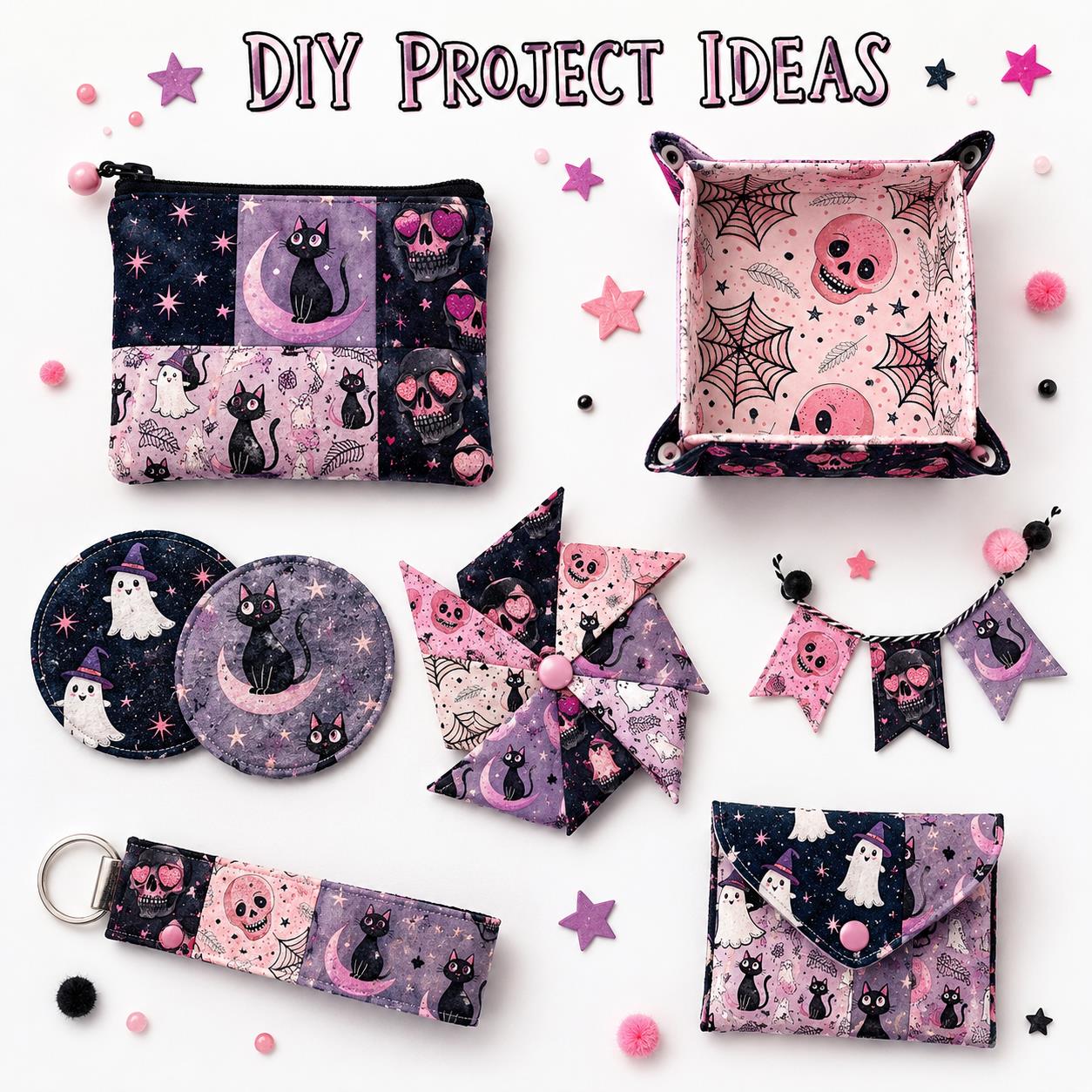 10pcs Charm Pack Set  Bat Ghost Skull Halloween Vintage Style Pattern Handmade DIY with Rich Color and Texture Elements 100% Polyester Patchwork in 10 Design Styles Suitable for Patchwork DIY Craft Projects DIY Wallet Making Gift Giving Bag Making