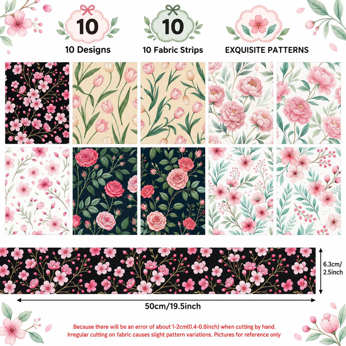 10pcs Vintage Floral Pattern Jelly Roll Fabric Strips 2.5X19.7inch Pre-Cut 100% Polyester For Patchwork Quilts, Table Runners, Placemats, Tote Bags, Storage Pouches, Makeup Bags, Coasters, Quilt Blocks & Binding