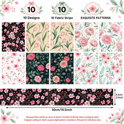 10pcs Vintage Floral Pattern Jelly Roll Fabric Strips 2.5X19.7inch Pre-Cut 100% Polyester For Patchwork Quilts, Table Runners, Placemats, Tote Bags, Storage Pouches, Makeup Bags, Coasters, Quilt Blocks & Binding