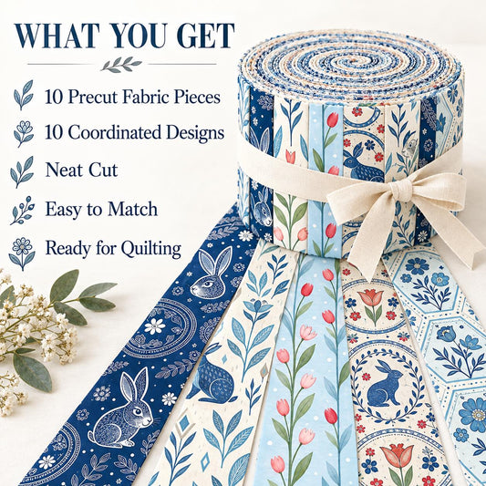 10pcs Vintage Floral Rabbit Theme Jelly Roll Fabric Strips 2.5X19.7inch Pre-Cut 100% Polyester For Patchwork Quilts, Table Runners, Placemats, Tote Bags, Storage Pouches, Makeup Bags, Coasters, Quilt Blocks & Binding