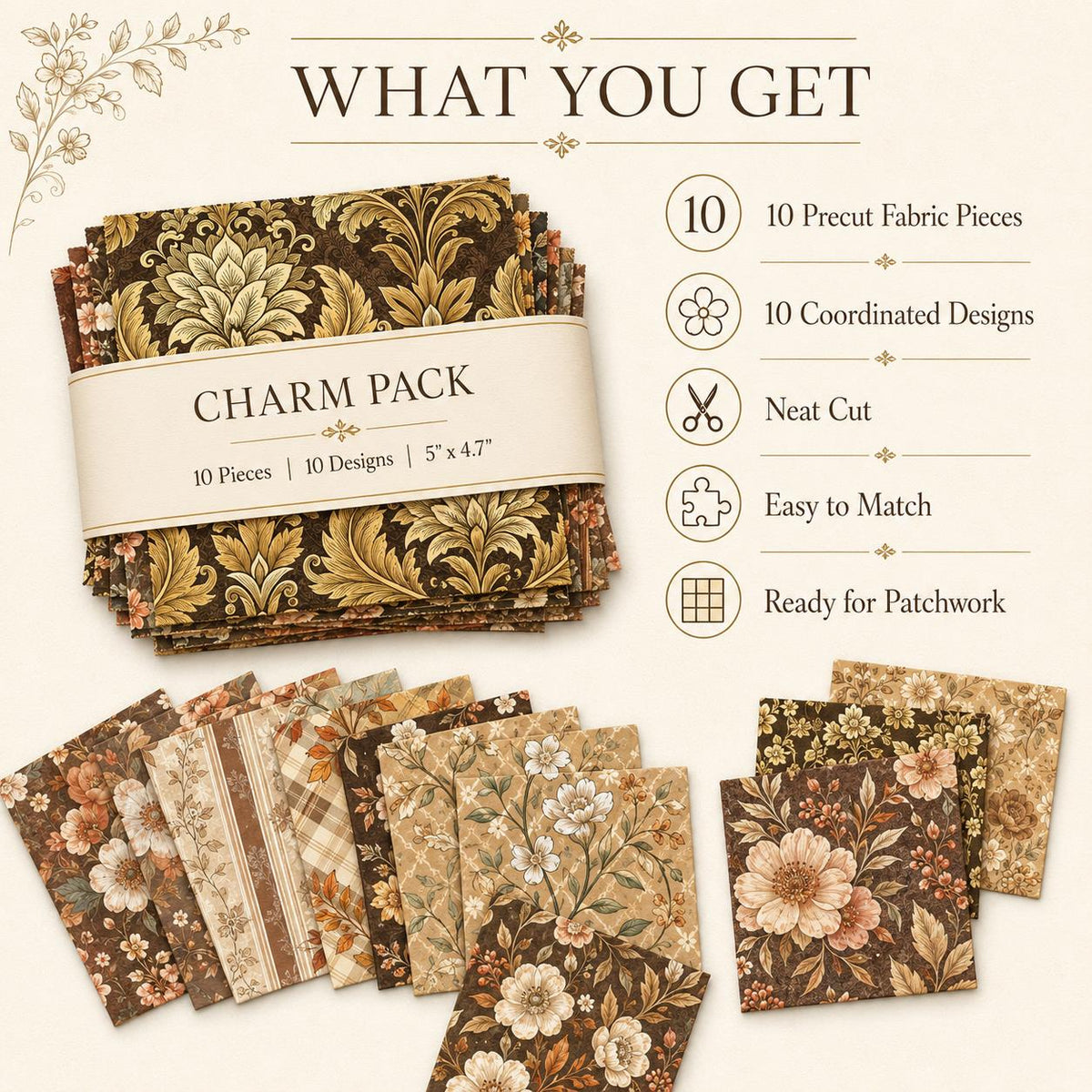 10pcs Charm Pack Set Floral Autumn Pattern Vintage Style Pattern Handmade DIY with Rich Color and Texture Elements 100% Polyester Patchwork in 10 Design Styles Suitable for Patchwork DIY Craft Projects DIY Wallet Making Gift Giving Bag Making