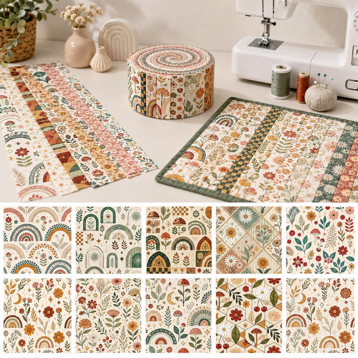 10pcs Vintage Floral Pattern Jelly Roll Fabric Strips 2.5X19.7inch Pre-Cut 100% Polyester For Patchwork Quilts, Table Runners, Placemats, Tote Bags, Storage Pouches, Makeup Bags, Coasters, Quilt Blocks & Binding