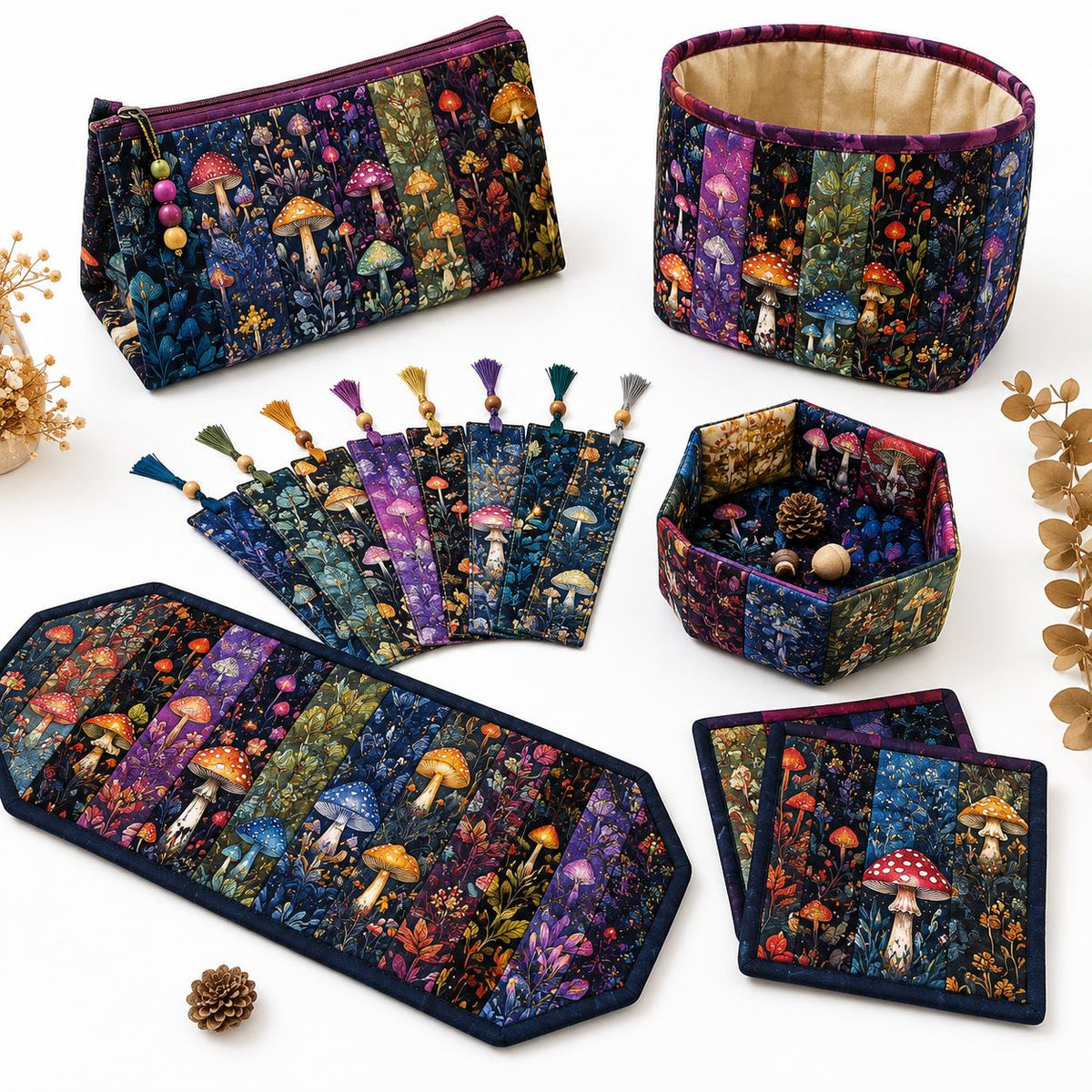 10pcs Vintage Mushroom Dark Pattern Jelly Roll Fabric Strips 2.5X19.7inch Pre-Cut 100% Polyester For Patchwork Quilts, Table Runners, Placemats, Tote Bags, Storage Pouches, Makeup Bags, Coasters, Quilt Blocks & Binding