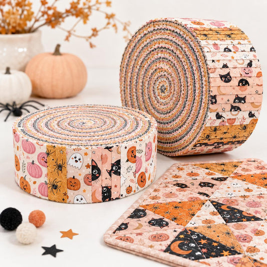 10pcs Vintage Pumpkin cat Spider Halloween Theme Jelly Roll Fabric Strips 2.5X19.7inch Pre-Cut 100% Polyester For Patchwork Quilts, Table Runners, Placemats, Tote Bags, Storage Pouches, Makeup Bags, Coasters, Quilt Blocks & Binding