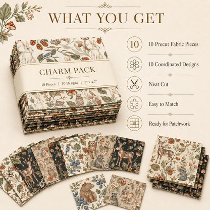 10pcs Charm Pack Set Deer Owl Animal Floral Pattern 100% Polyester Patchwork in 10 Design Styles, Ready-to-Sew Without Cutting, Suitable For Patchwork Wallet Making Gift Giving Tote Bags Coasters DIY Craft Projects Christmas Gift