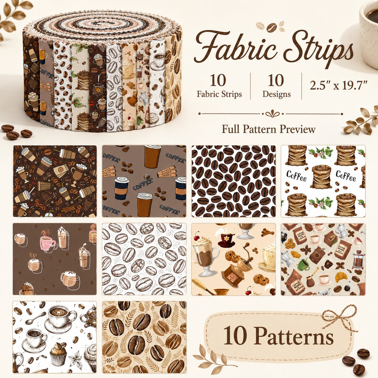 10Pc/Set, Making 10 Images 1pc Each, Each Size: 6.3*50cm Coffee Bean Series Sliced Fabric Set Style Combination, Polyester Jelly Roll Fabric Strips, Pre-Cut Quilting Squares, For Quilting DIY, Handicrafts And Sewing, Blankets, Rugs, Interior Decoration